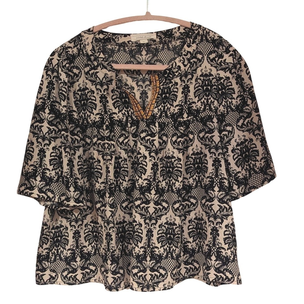 Painted Threads Damask Print Split Neck Blouse‎ Black Cream Sz M Boho USA